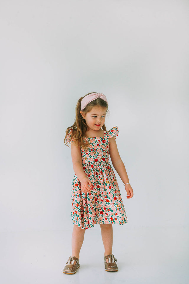 little girls pink red and gold floral twirl dress with flutter sleeves