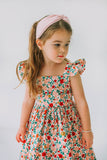 little girls pink red and gold floral twirl dress with flutter sleeves