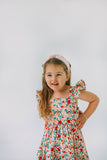 little girls pink red and gold floral twirl dress with flutter sleeves
