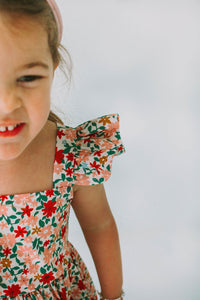 little girls pink red and gold floral twirl dress with flutter sleeves
