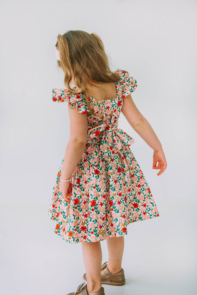 little girls pink red and gold floral twirl dress with flutter sleeves