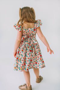 little girls pink red and gold floral twirl dress with flutter sleeves