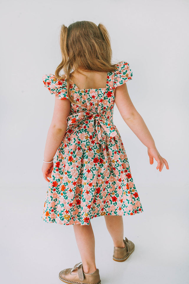 little girls pink red and gold floral twirl dress with flutter sleeves
