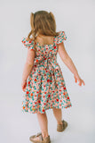 little girls pink red and gold floral twirl dress with flutter sleeves