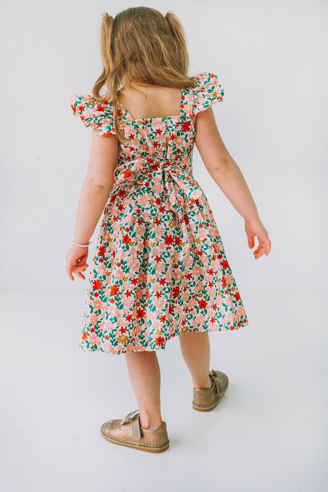 little girls pink red and gold floral twirl dress with flutter sleeves