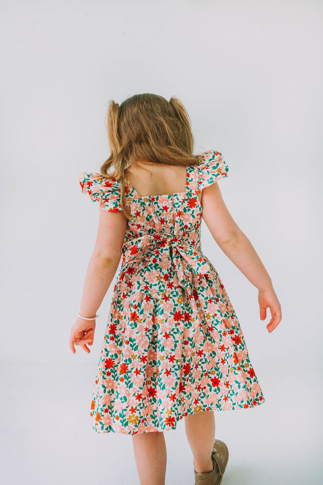 little girls pink red and gold floral twirl dress with flutter sleeves