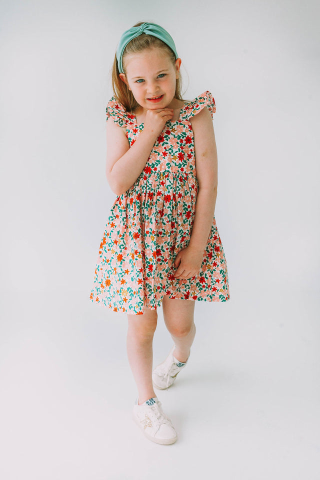 Little Girl's Pink Red and Gold Floral Twirl Dress