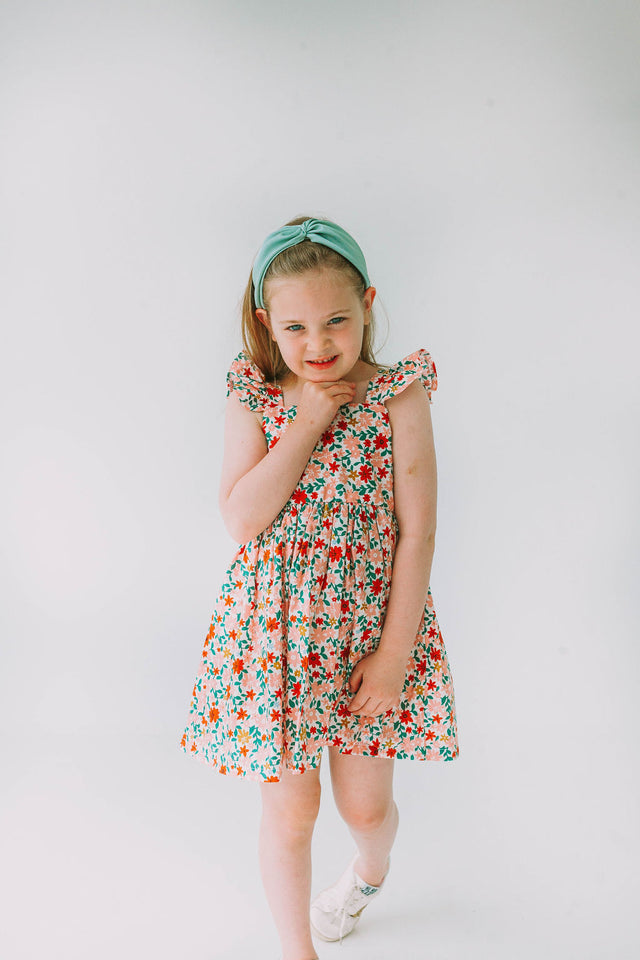 Little Girl's Pink Red and Gold Floral Twirl Dress