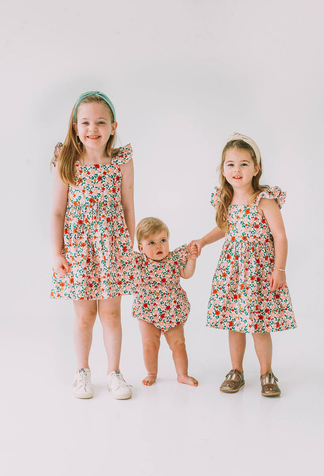 Little Girl's Pink Red and Gold Floral Twirl Dress