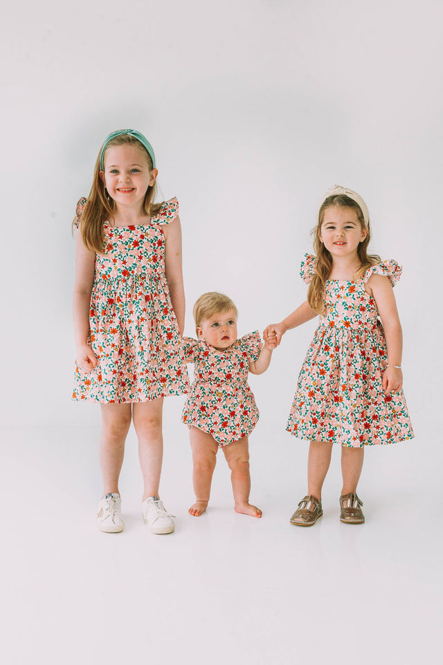 Infant Girl's Pink Red and Gold Floral Bubble Romper