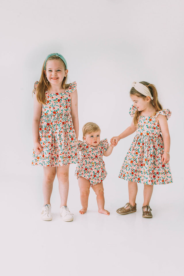 Little Girl's Pink Red and Gold Floral Twirl Dress