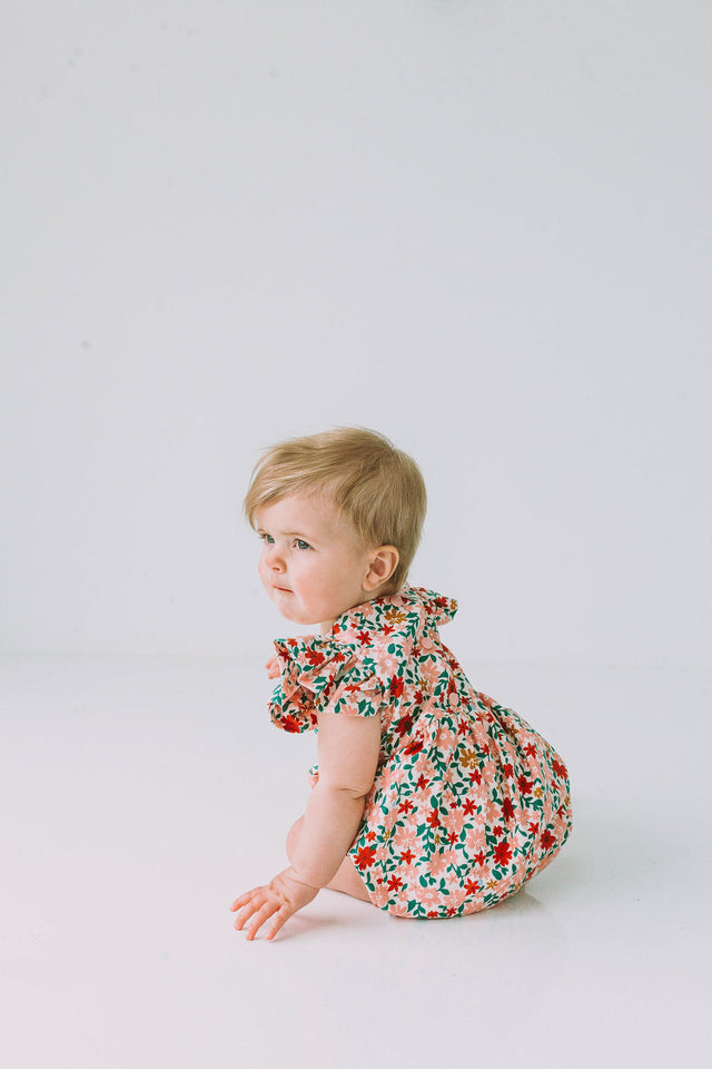 Infant Girl's Pink Red and Gold Floral Bubble Romper