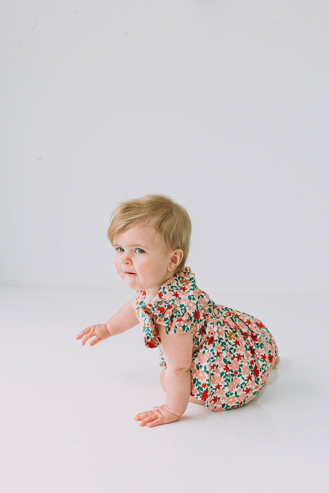 Infant Girl's Pink Red and Gold Floral Bubble Romper