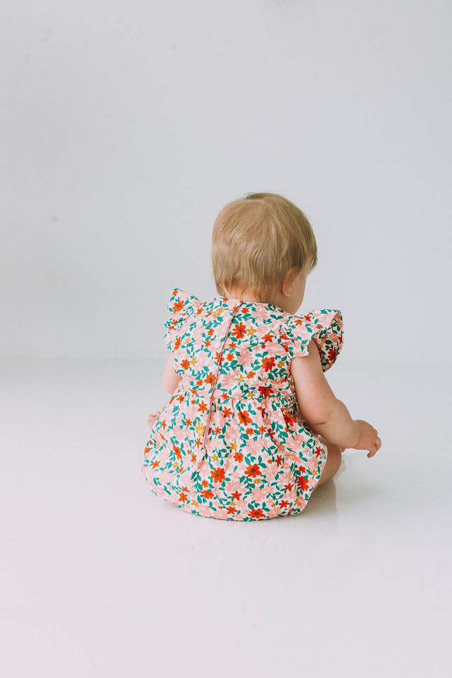 Infant Girl's Pink Red and Gold Floral Bubble Romper