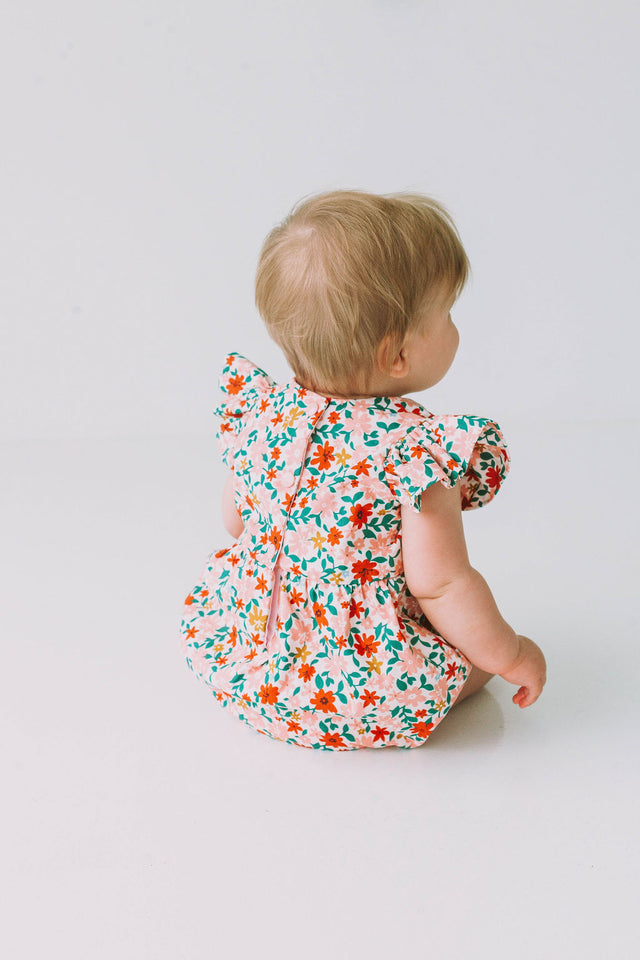 infant girls pink red and gold floral bubble romper