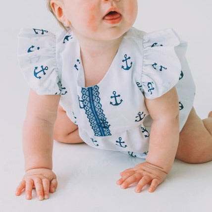 Infant Girl's White and Blue Nautical Anchor Bubble Romper