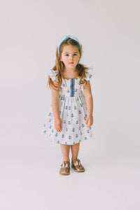 Little Girl's White and Blue Nautical Anchor Twirl Dress – cuteheads