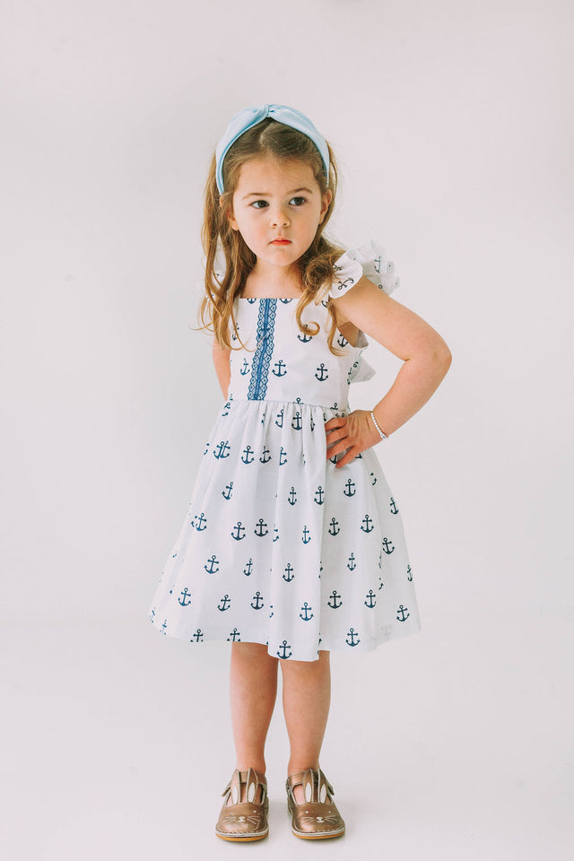 Little Girl's White and Blue Nautical Anchor Twirl Dress