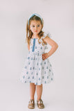 Little Girl's White and Blue Nautical Anchor Twirl Dress