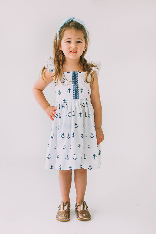 Little Girl's White and Blue Nautical Anchor Twirl Dress