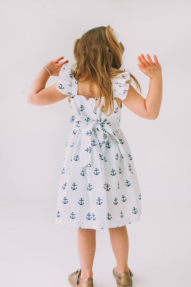 Little Girl's White and Blue Nautical Anchor Twirl Dress