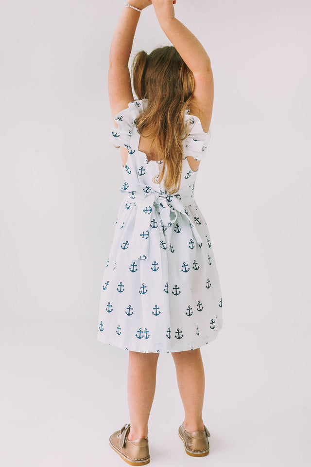 Little Girl's White and Blue Nautical Anchor Twirl Dress