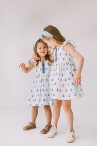 Little Girl's White and Blue Nautical Anchor Twirl Dress