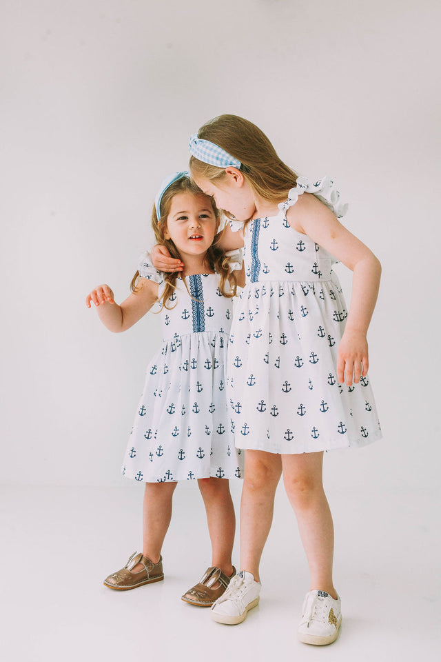 Little Girl's White and Blue Nautical Anchor Twirl Dress
