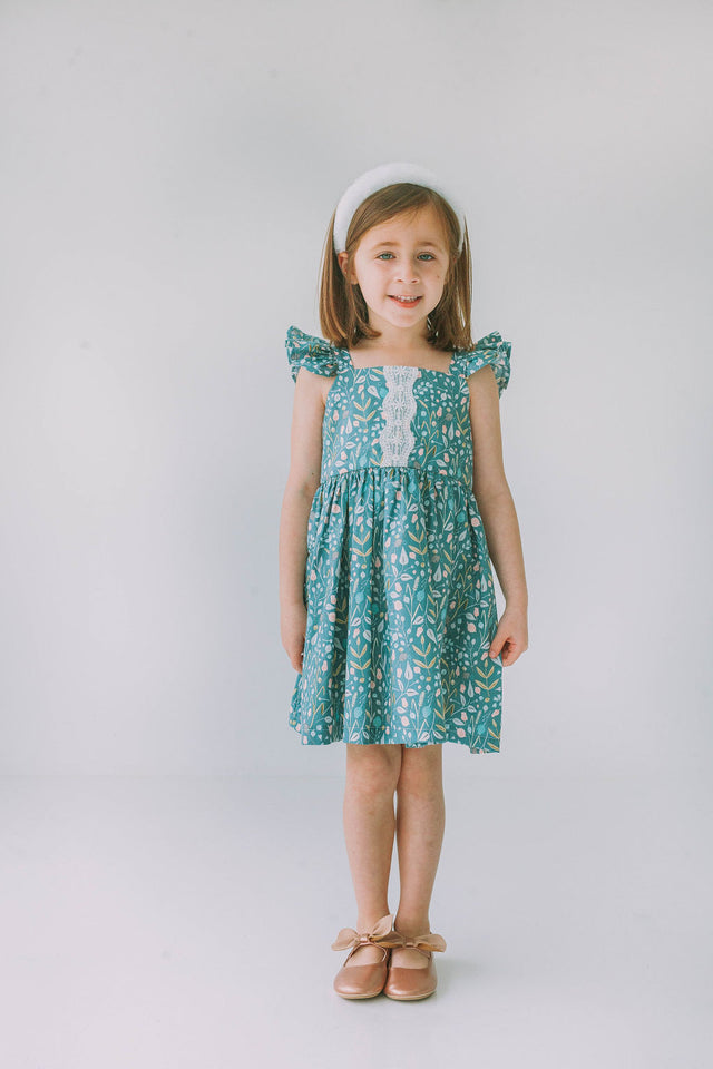 little girls sage green floral twirl dress with lace trim
