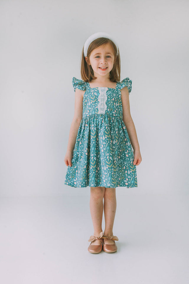little girls sage green floral twirl dress with lace trim