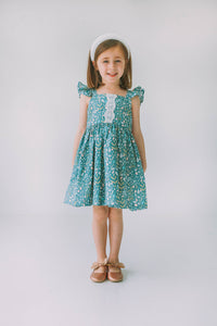 little girls sage green floral twirl dress with lace trim