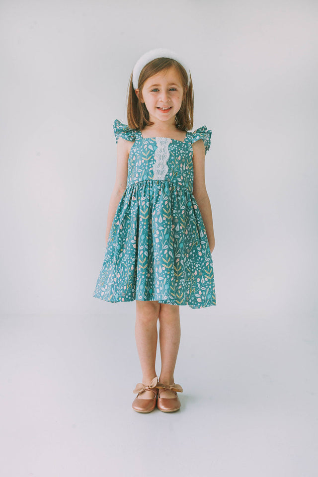 little girls sage green floral twirl dress with lace trim