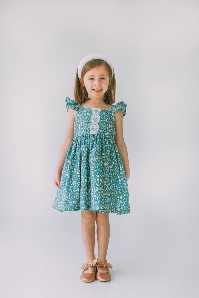 little girls sage green floral twirl dress with lace trim
