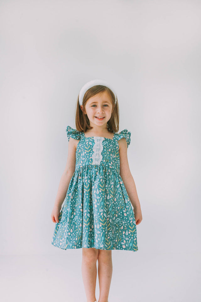 Little Girl's Sage Green Floral Flutter Sleeve Twirl Dress – cuteheads