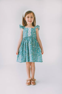 little girls sage green floral twirl dress with lace trim