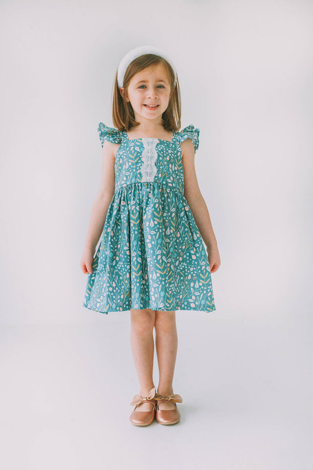 little girls sage green floral twirl dress with lace trim