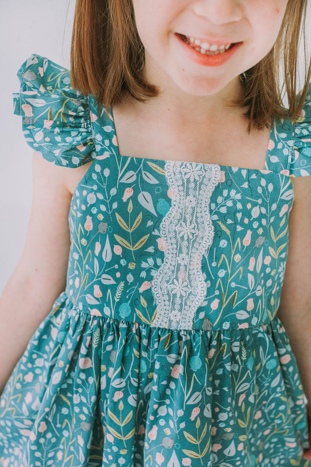 Little Girl's Sage Green Floral Flutter Sleeve Twirl Dress