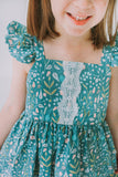 Little Girl's Sage Green Floral Flutter Sleeve Twirl Dress