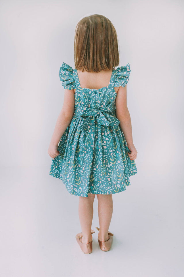 Little Girl's Sage Green Floral Flutter Sleeve Twirl Dress