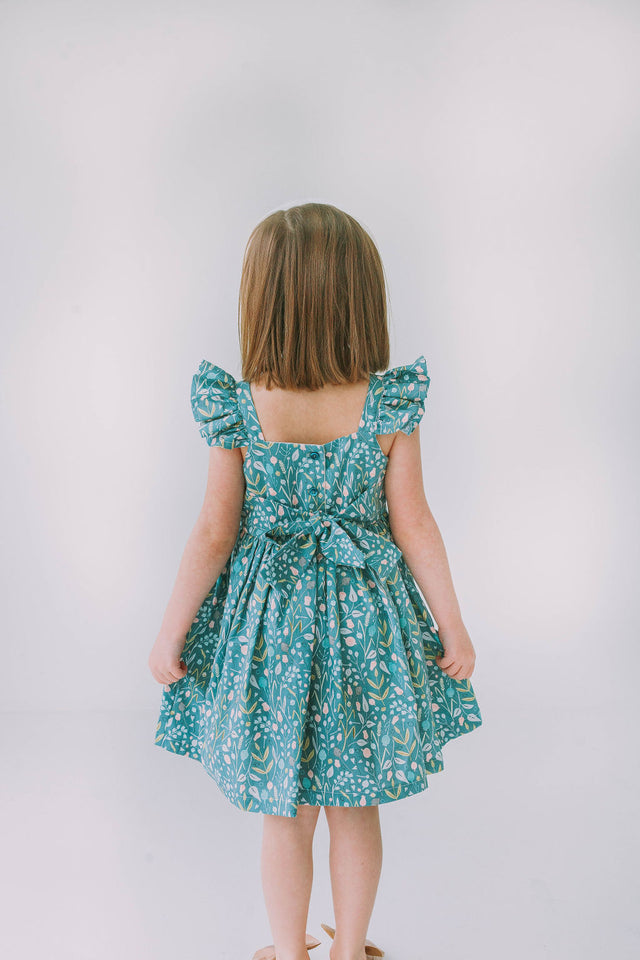 Little Girl's Sage Green Floral Flutter Sleeve Twirl Dress