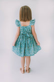 Little Girl's Sage Green Floral Flutter Sleeve Twirl Dress