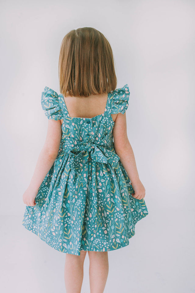 Little Girl's Sage Green Floral Flutter Sleeve Twirl Dress