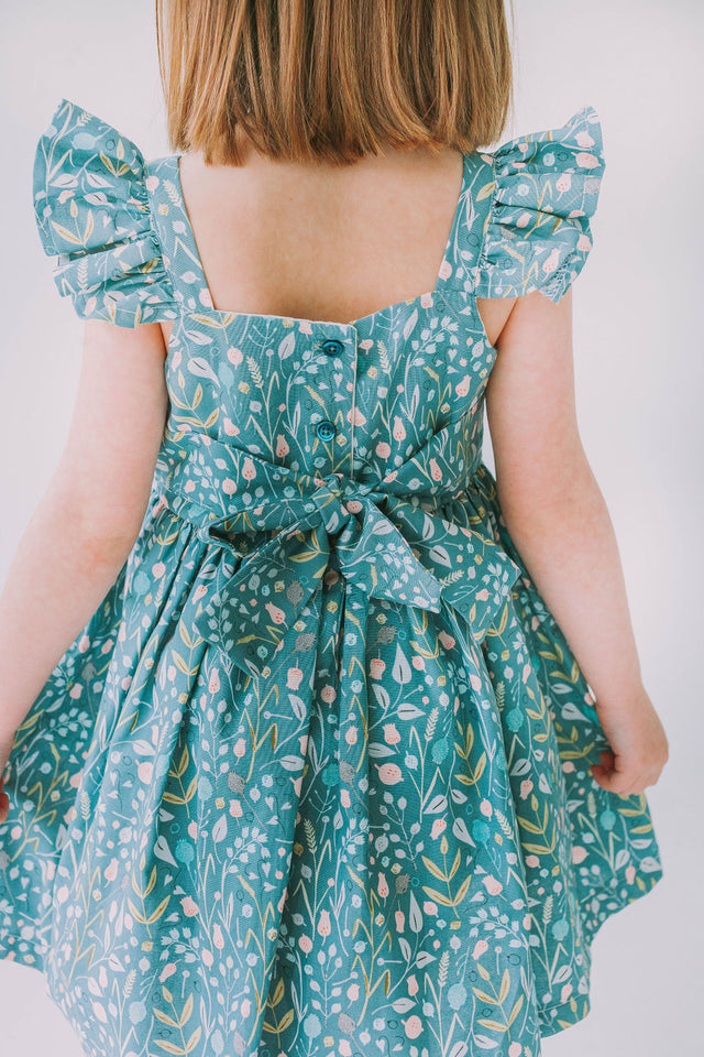 Little Girl's Sage Green Floral Flutter Sleeve Twirl Dress