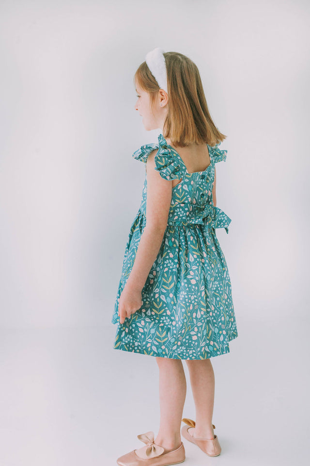 Little Girl's Sage Green Floral Flutter Sleeve Twirl Dress