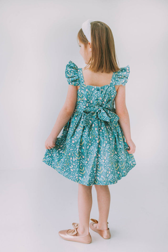 Little Girl's Sage Green Floral Flutter Sleeve Twirl Dress