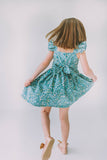 Little Girl's Sage Green Floral Flutter Sleeve Twirl Dress