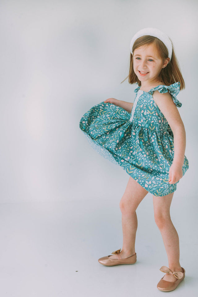 Little Girl's Sage Green Floral Flutter Sleeve Twirl Dress