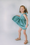Little Girl's Sage Green Floral Flutter Sleeve Twirl Dress