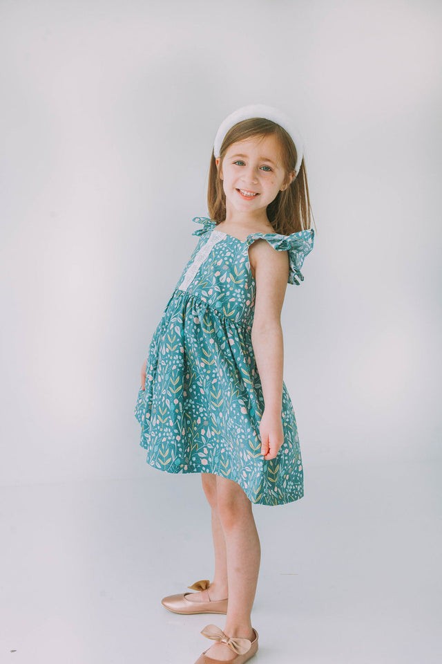 Little Girl's Sage Green Floral Flutter Sleeve Twirl Dress