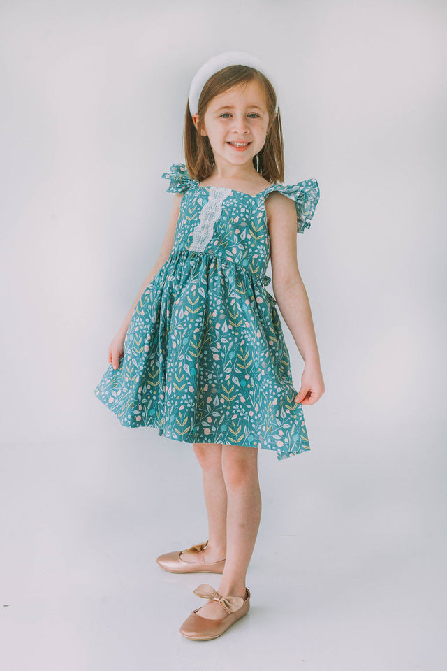 Little Girl's Sage Green Floral Flutter Sleeve Twirl Dress